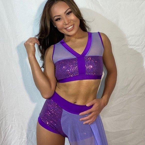 Purple Metallic & Mesh Pro Cheer / Pro Dance Outfit - Size Adult S - Picture 1 of 1